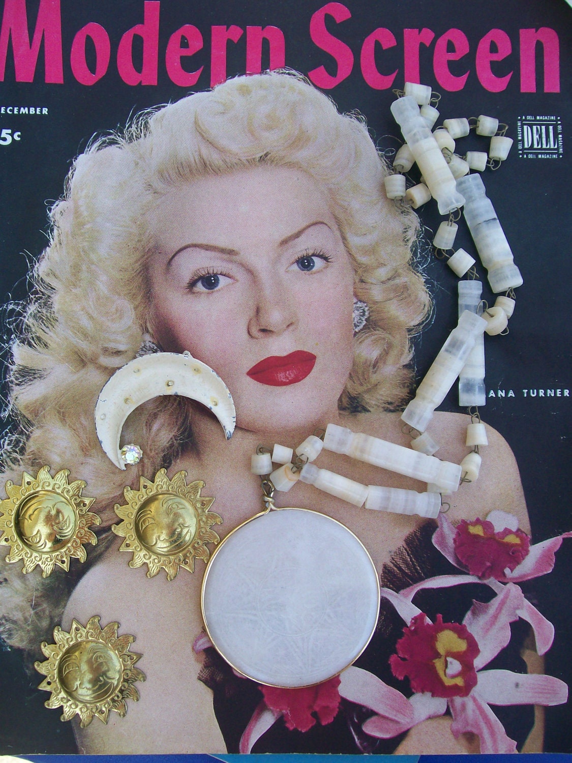Repurpose vintage gold sun moon stone necklace earring brooch LOT mixed media destash bridal wedding collage