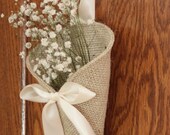 Khaki burlap pew cone / rustic wedding decor. Handmade by Nutfield Weaver.