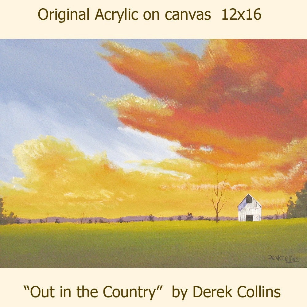 Original Acrylic Barn Painting Tree Canvas Field Clouds Impressionist Cloudscape Rural Rustic Sky New 12x16