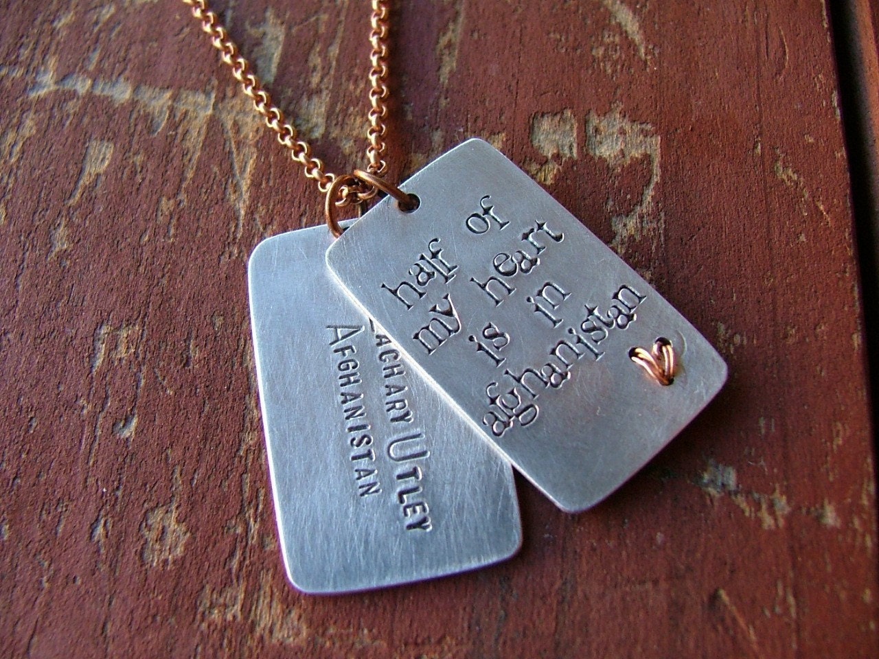 Hand Stamped Military Tags - Half Of My Heart Is In Afghanistan by MyBella