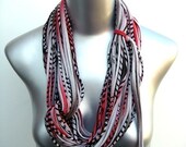 Red and Brown Infinity Scarf - Circle Scarf - Summer Scarf Loop - Mens Necklace - Fabric Jewelry - Womens Men - Tribal Burning Man Scarves