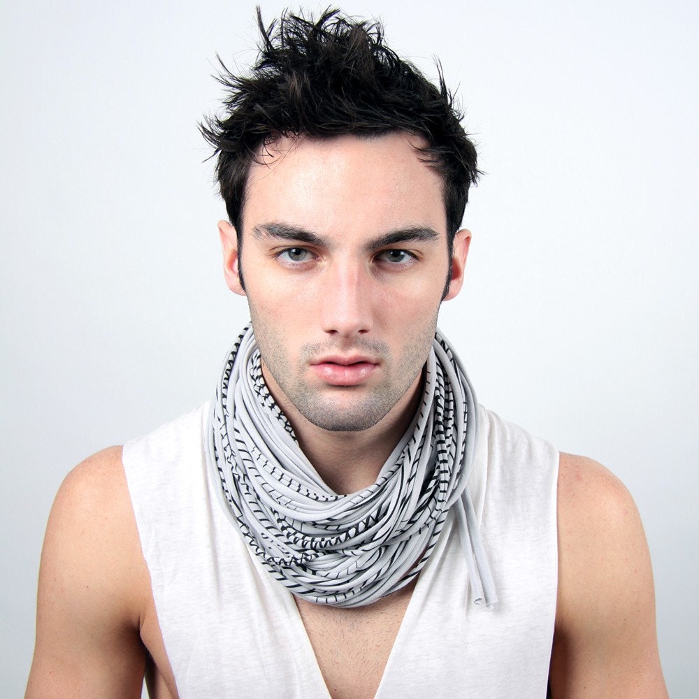 Grey Black Stripe Cowl - Infinity Scarf Necklace - Circle Scarf - Womens Mens Necklace Fabric Jewelry - Tribal Burning Man Scarves Unique