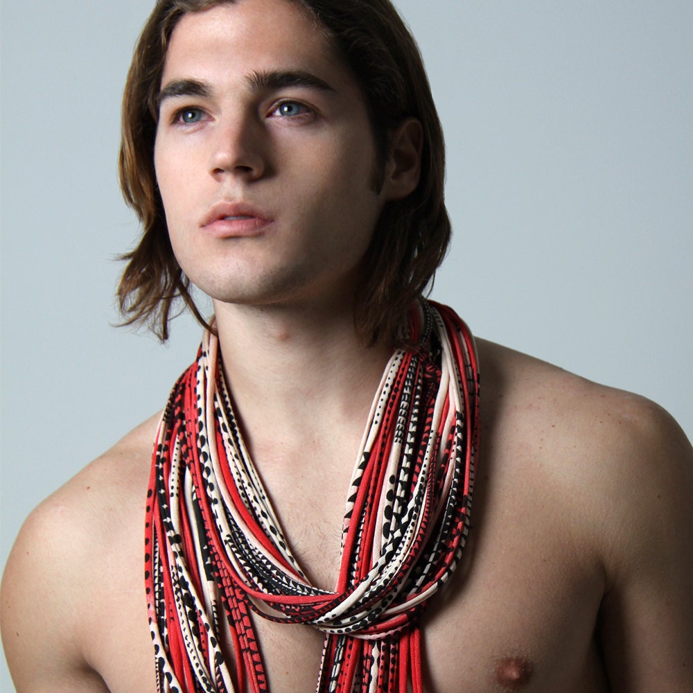 Red Circle Scarf - Mens Scarf - Chunky Infinity Scarf - Burning Man - Scarves - Organic Womens Mens Necklace Fabric Jewelry - Tribal  Unique