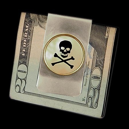 Engraved Mother of Pearl Skull and Bones Silver Money Clip