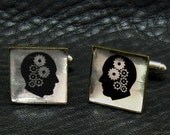 Gearhead Steampunk Thinking Man Silver Leaf Cufflinks - W