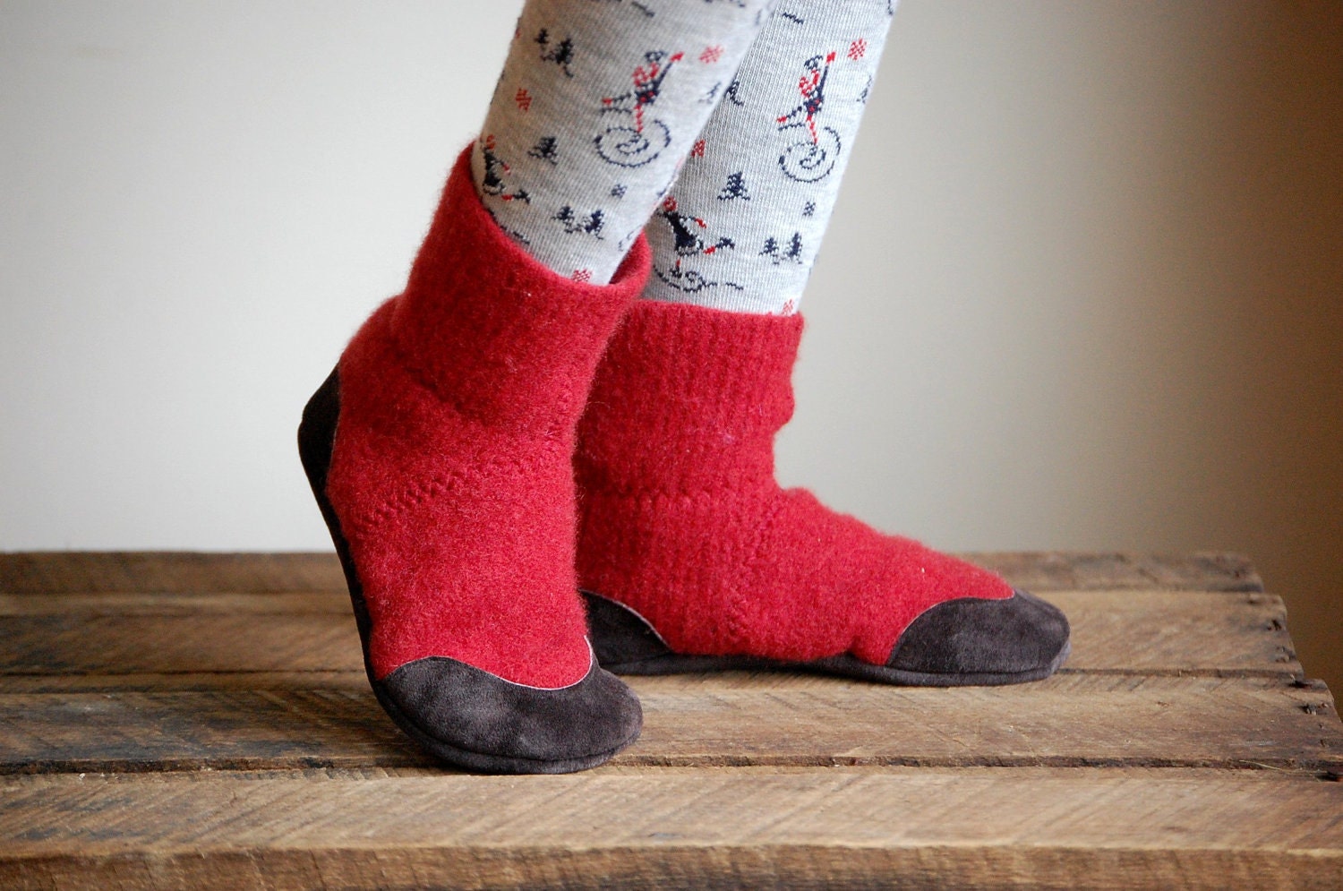Wool Slipper Socks, Leather Soles, kids sizes 11.5, 13, Red Rover