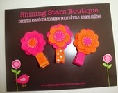 Hot Pink and Orange Beaded Felt Flowers Boutique Hair Clippies Trio - Super Cute Accessory For Toddlers, Kids, Tweens, Teens, And Adults