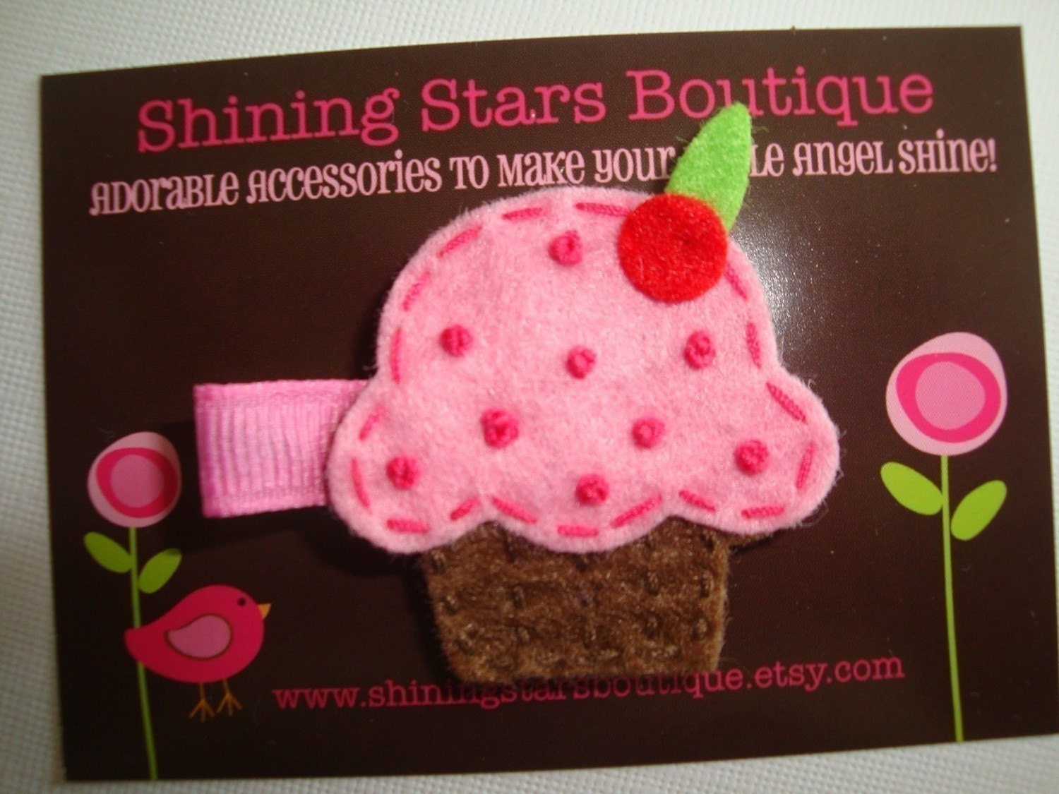 Hair Clips - Hair Accessories - Sweet Treat Chocolate Brown Cupcake With Pink Strawberry 'Frosting and Sprinkles' Boutique Felt Hair Clippie