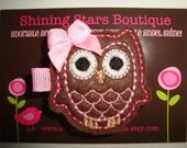 Girls Hair Accessories - Felt Hair Clips - Brown And Pink Embroidered Boutique Felt Owl Hair Clippie For Girls