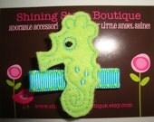 Hair Accessories - Summer Lime Green And Turquoise Blue Embroidered Felt Seahorse Boutique Hair Clippie - Under The Sea Or Ocean Theme