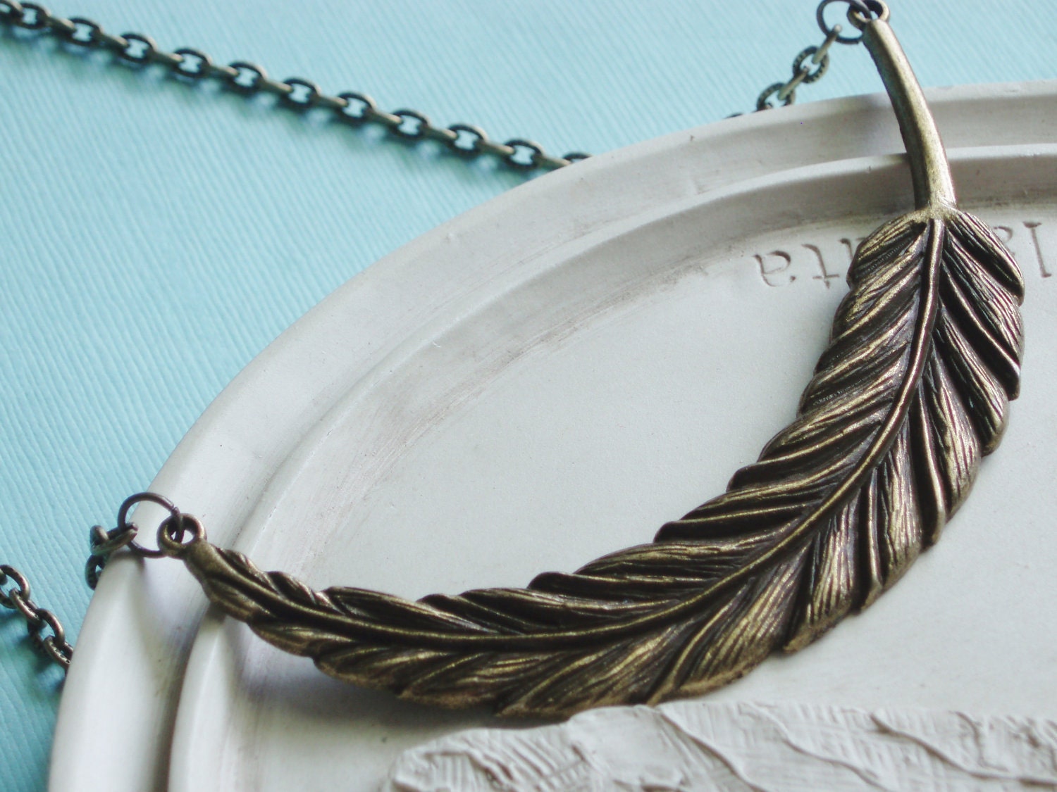 Feather Necklace -  Statement Jewelry - Brass Necklace
