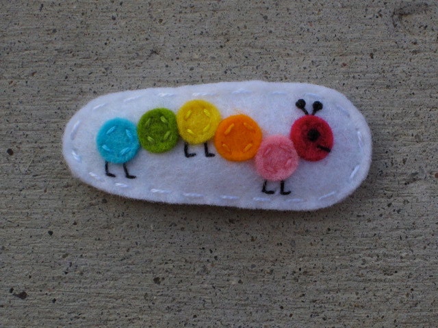 As Seen In Lucky Kids Magazine  Bright Mulitcolored Caterpillar Wool Felt Hair Clip