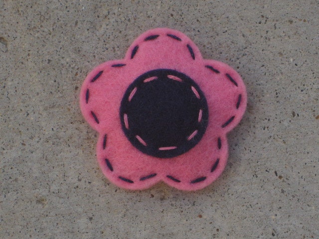 Bubblegum Pink and Navy Blue  Flower Wool Felt Hair Clip