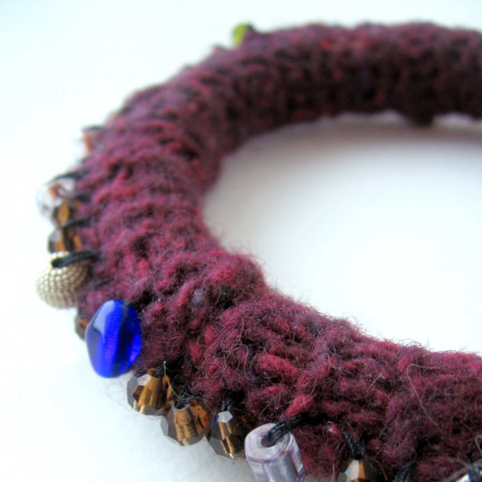 Beaded wood and wool bangle