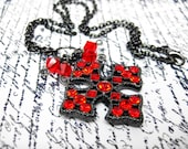 Red Cross Necklace. Gunmetal Rosary Necklace