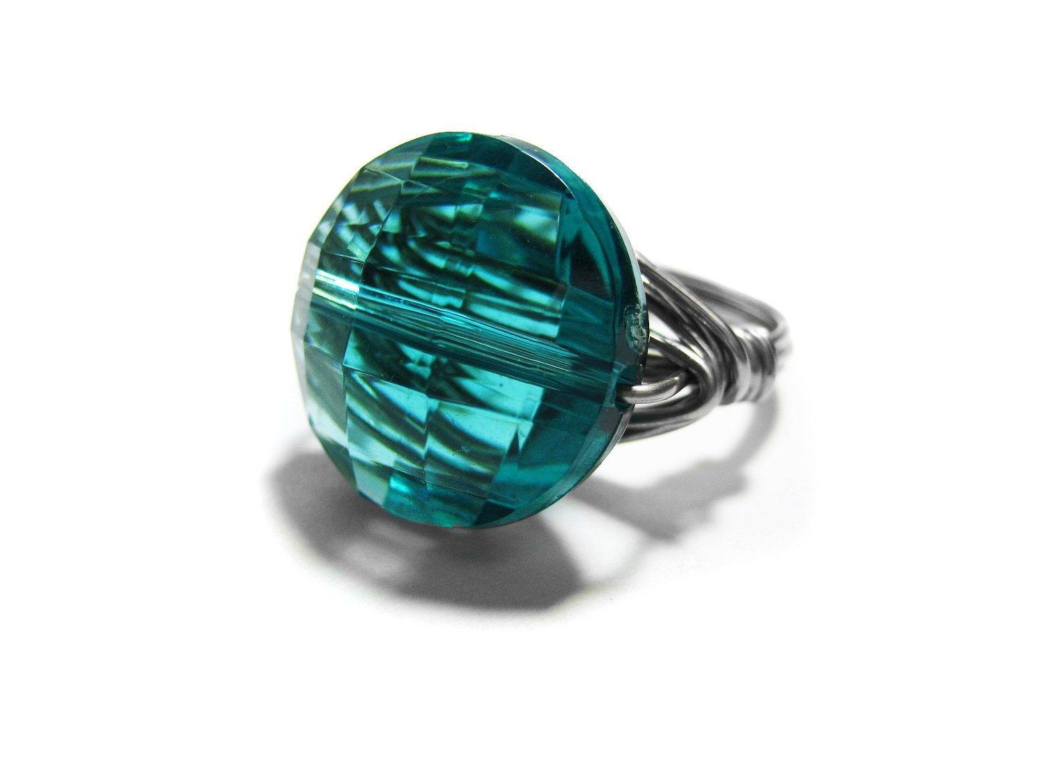 Teal Blue Wire Wrapped Beaded Ring. Turquoise and Silver Beaded Ring