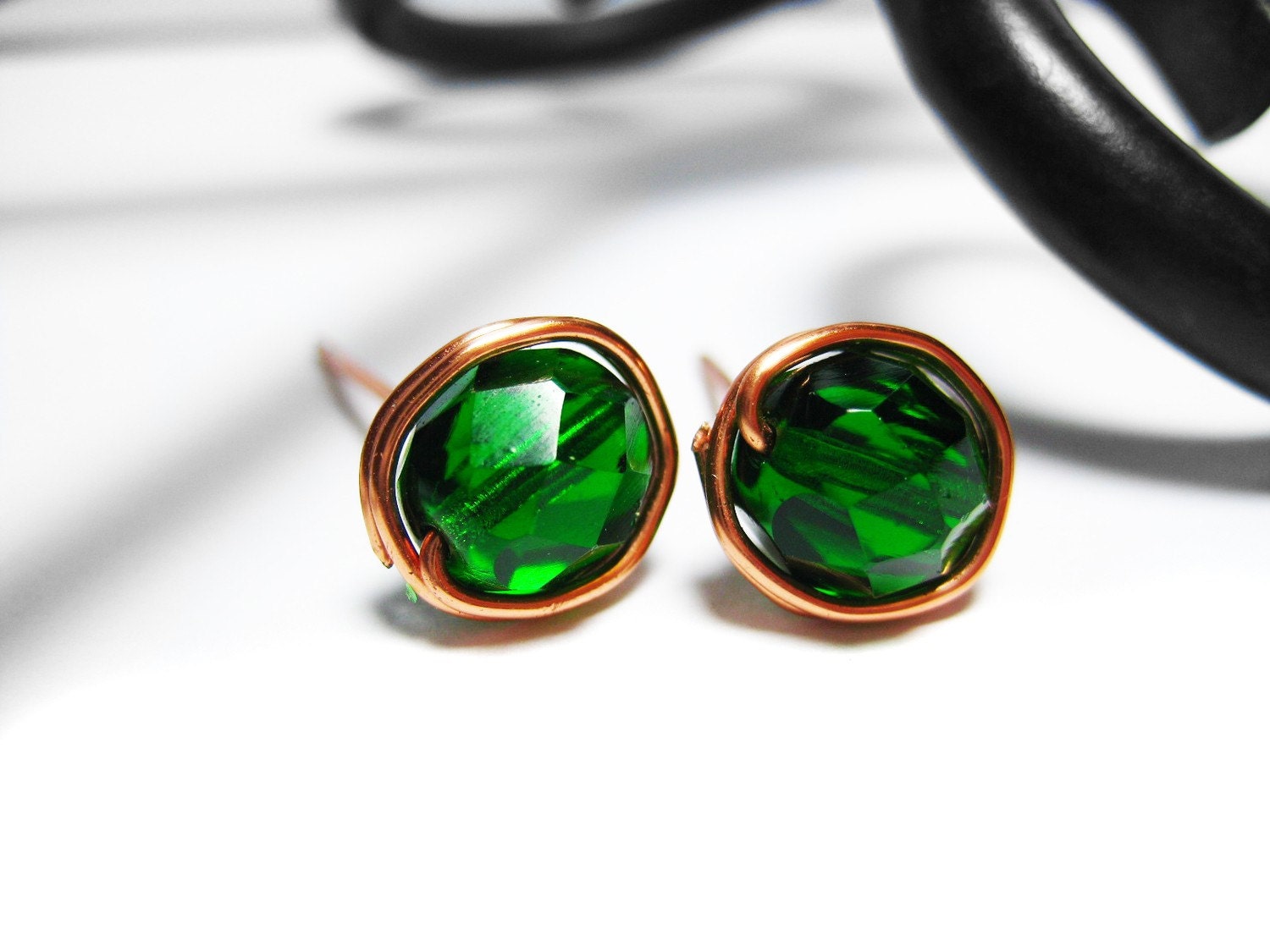 Green Beaded Wire Wrapped Earrings. Copper Stud Posts