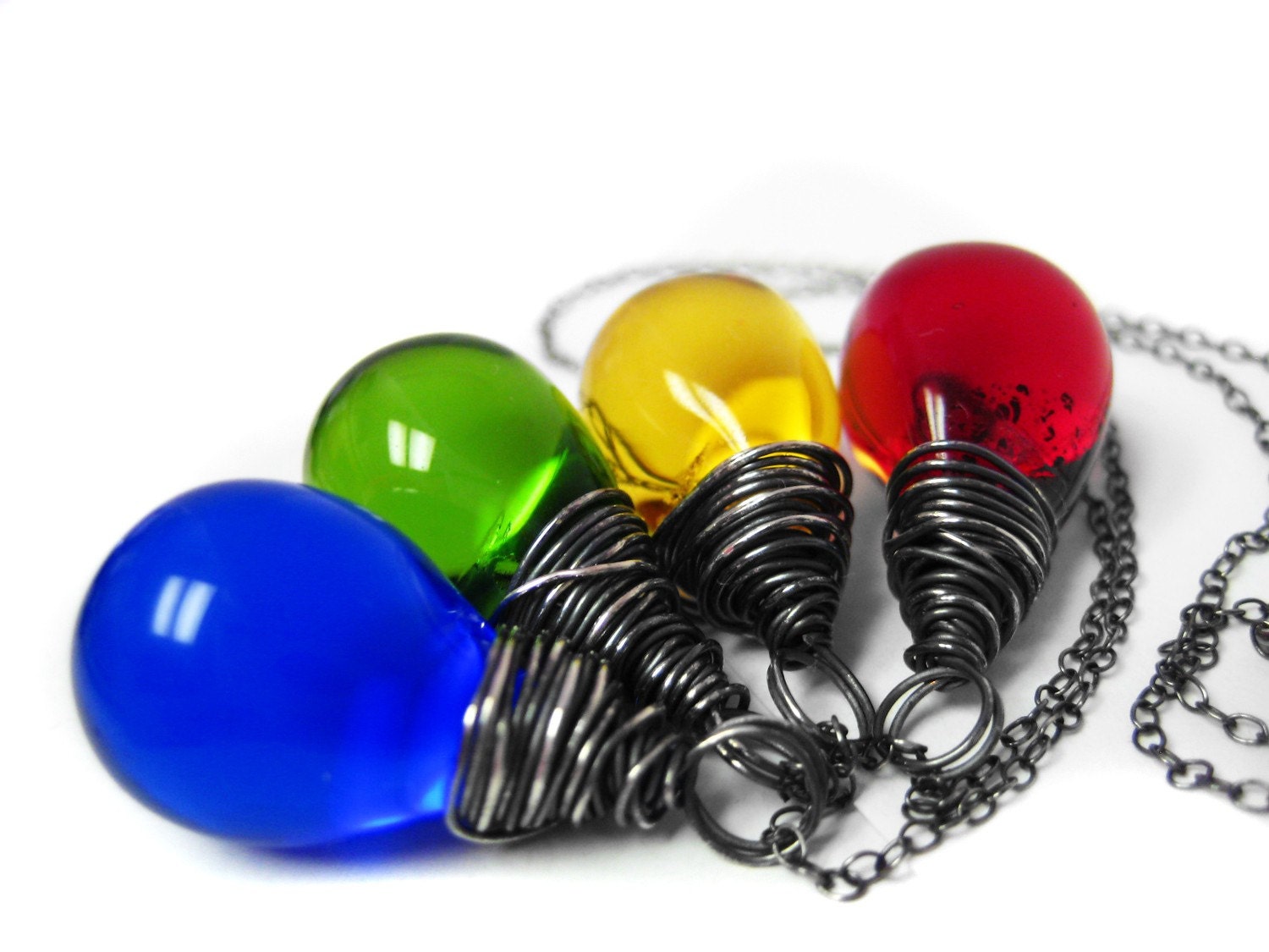 Blue Green Yellow Red Teardrop Wire Wrapped Beaded Glass Necklace. Oxidized Sterling Silver Pear Shape Necklace Set.