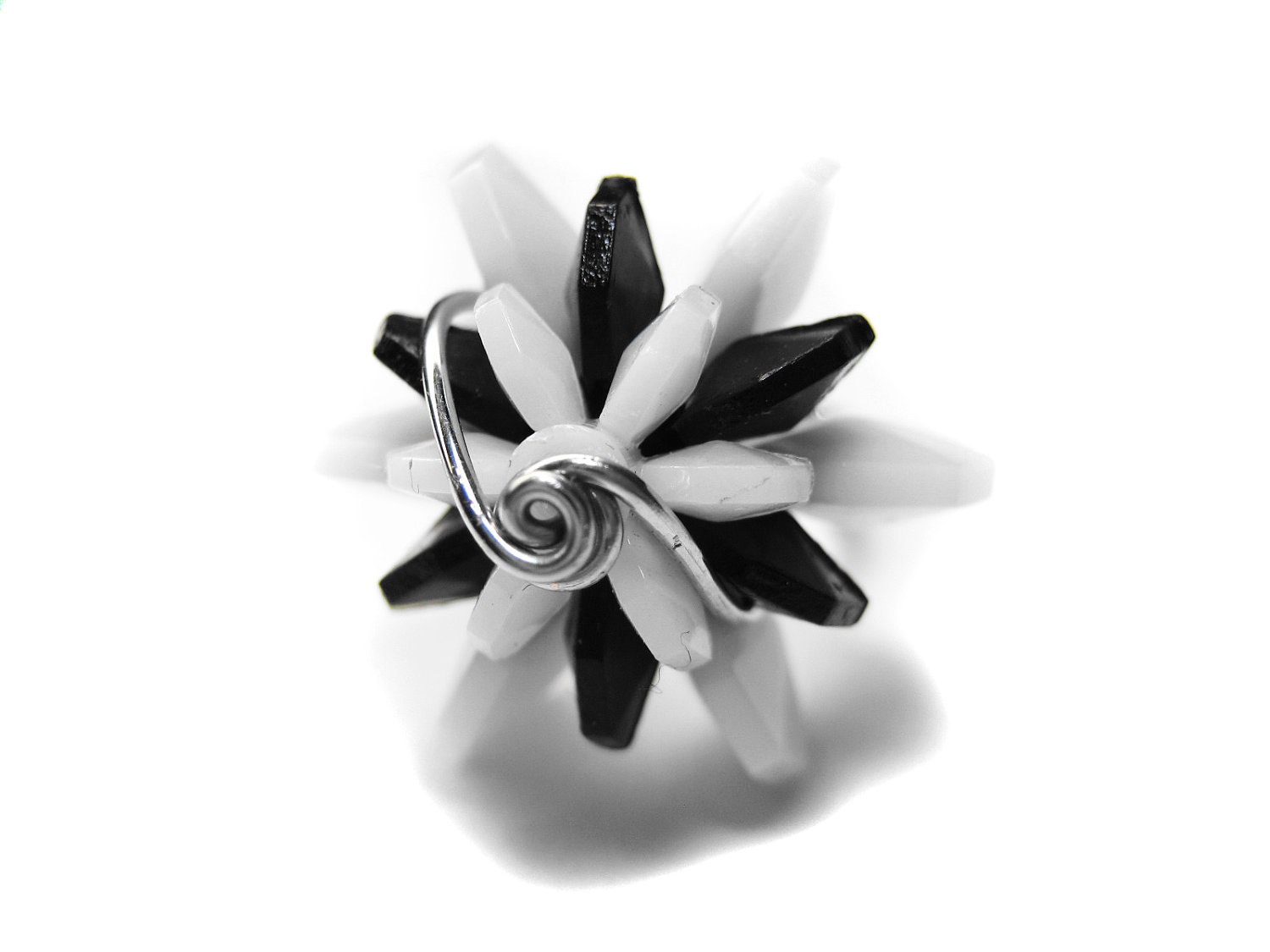 White and Black Lotus Flower Ring. Silver Star Wire Wrapped Ring