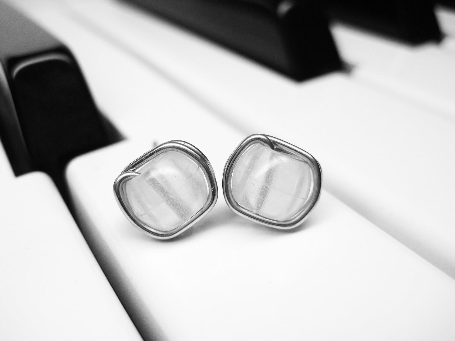 White Glow in the Dark Studs. Silver Plated Wire Wrapped Post Earrings