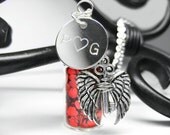 Angel Wing Necklace. Silver Skeleton Key Red Heart Vial Necklace. Stamped Initials Name Personalized Necklace