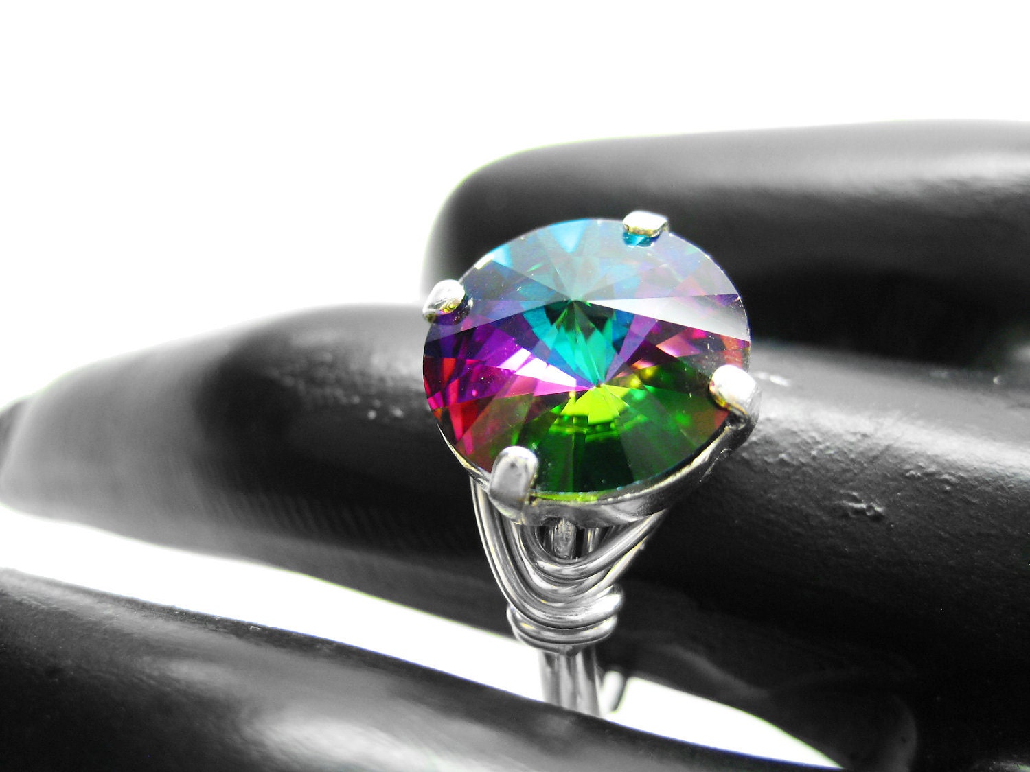 Rainbow Crystal Sterling Silver Ring. Colorful Rivoli Ring. Pink Red Orange Yellow Green Blue Purple Wire Wrapped Ring