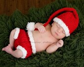 Baby Hat, Newborn Christmas Santa Hat and Diaper Cover SET, Handmade Red Long Stocking Santa Hat with Pompom  Photography Prop