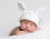 Custom Made SET for Bunny Hat with White and Blue Bunny Ears and Diaper Cover with Pompom Tail for Newborn - Photography Prop