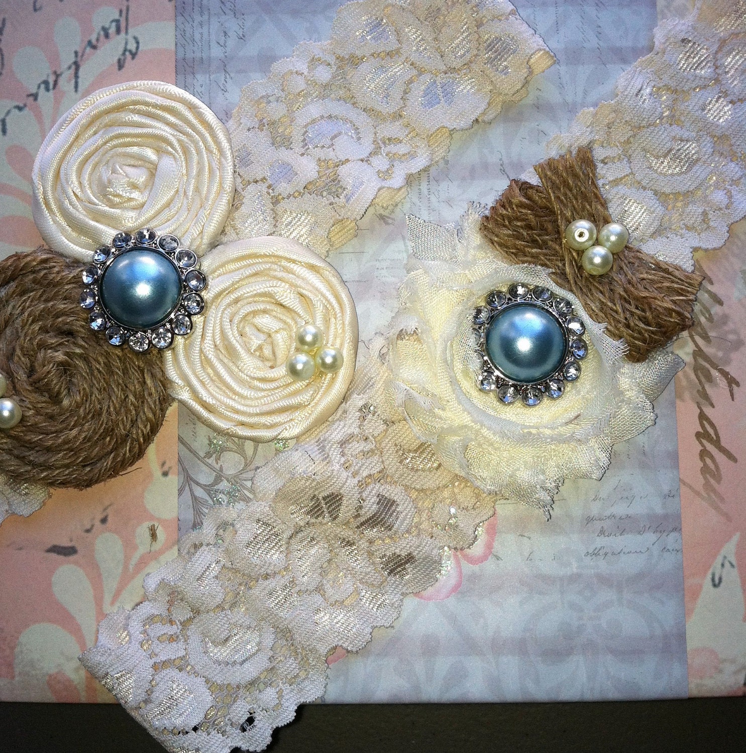 Garter/ BURLAP wedding garter / bridal  garter/  lace garter /something blue / barn rustic wedding garter / vintage inspired lace garter