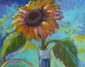 Sunflower Apple Pear Blue Bottle Still Life Original Painting - Sunflower With The Blues