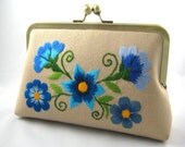 Blue Flowers - Hand Embroidered - Silk Lined Clutch Bag