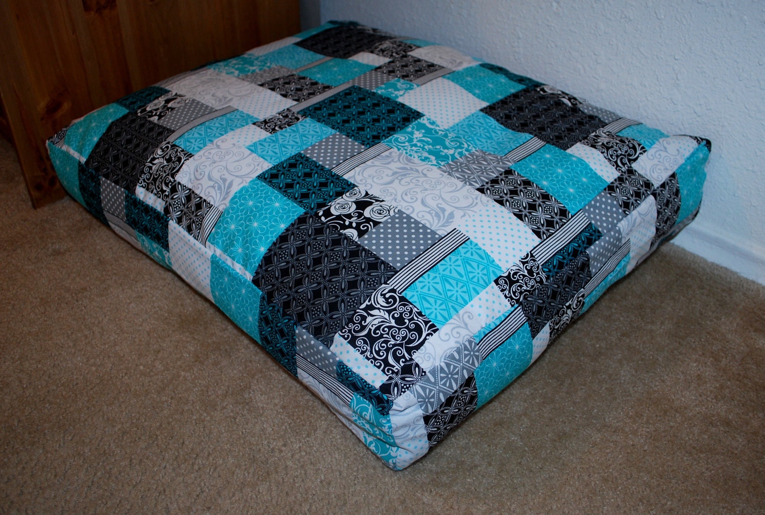 Teal Patchwork Dog Bed