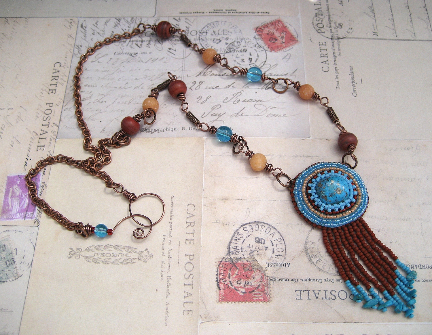 Updated Southwestern Turquoise Pendant Necklace Bead Embroidery Wire Wrapping