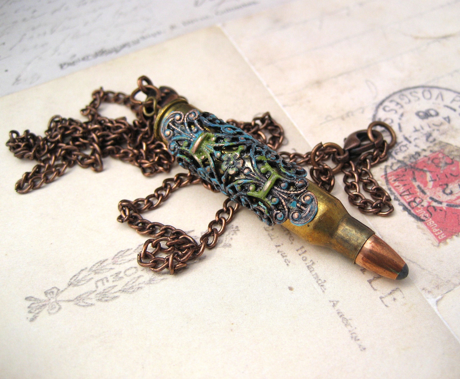 Colorful Filigree Bullet Casing Necklace Brass and Copper Green and Blue