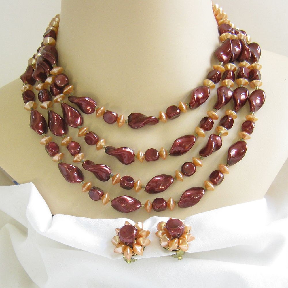 Vintage 4 Strand Apricot and Maroon Lucite Beaded Necklace and Earring Demi Parure Set signed Hong Kong