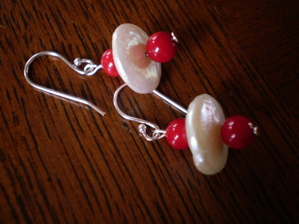 Red Coral and White Coin Pearl Earrings -- Sterling Silver