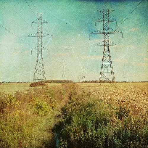 Nature Photography, Towers, Field, Vintage Inspired, Wall Decor -Looking Through the Wires (8x8) - Fine Art Print