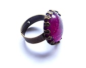 Ajustable Brass Ring  Purple Glitter Glass Cabochon Fancy Edge Bezel