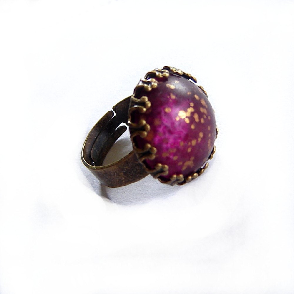 Brass Ring Purple Glass Cabochon Antiqued