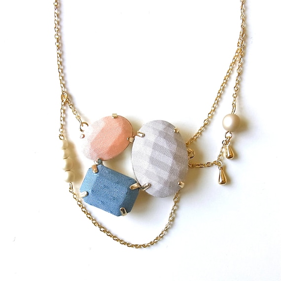 LAST ONE - Fabric  3 Jewel Necklace - B