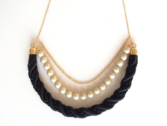 Crescent Moon Rope Necklace - Black