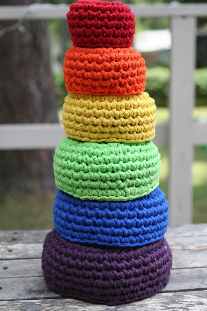 roygbiv nesting bowls, made from crocheted up-cycled t-shirts by yourmomdesigns (rts) waldorf, montessori play