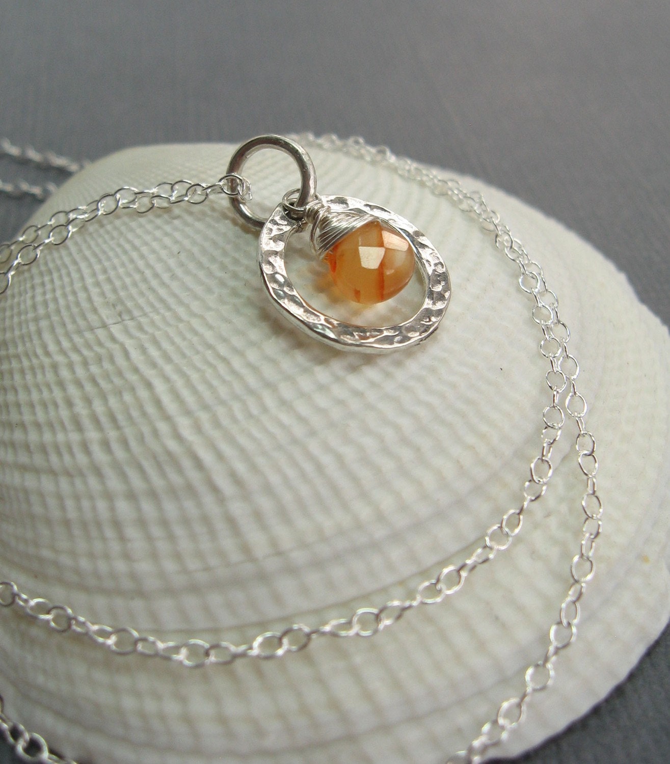 Hint of  Carnelian Necklace Teardrop Carnelian Briolette Wire Wrapped with Hammered Ring Pendant - NSA