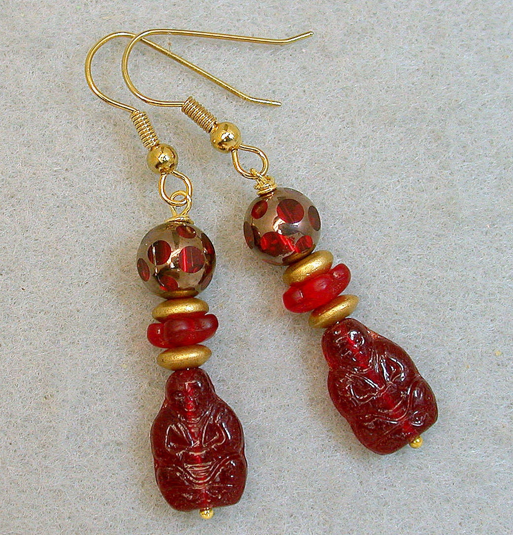 Vintage Red Buddha Glass Bead Earrings ,Cathedral Glass