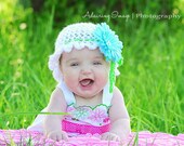 Baby Girls Beach HAT & Daisy Clip Newborn 3m 6m Crochet White Blue Soft Photo Prop Girls Clothes Gift Custom Colors Light Lacy