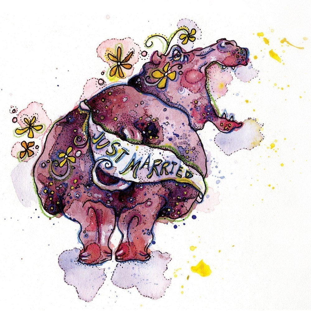 Just Married Hippo Greeting Card // Blank Illustrated Animal Wedding Just Married Love Gift Card 4" x 6"