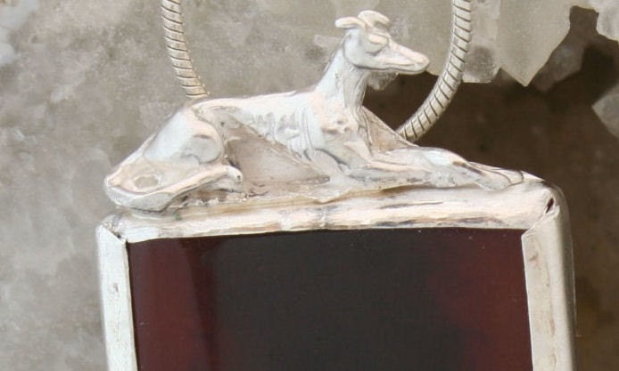 Carnelian stone and sterling silver greyhound pendant