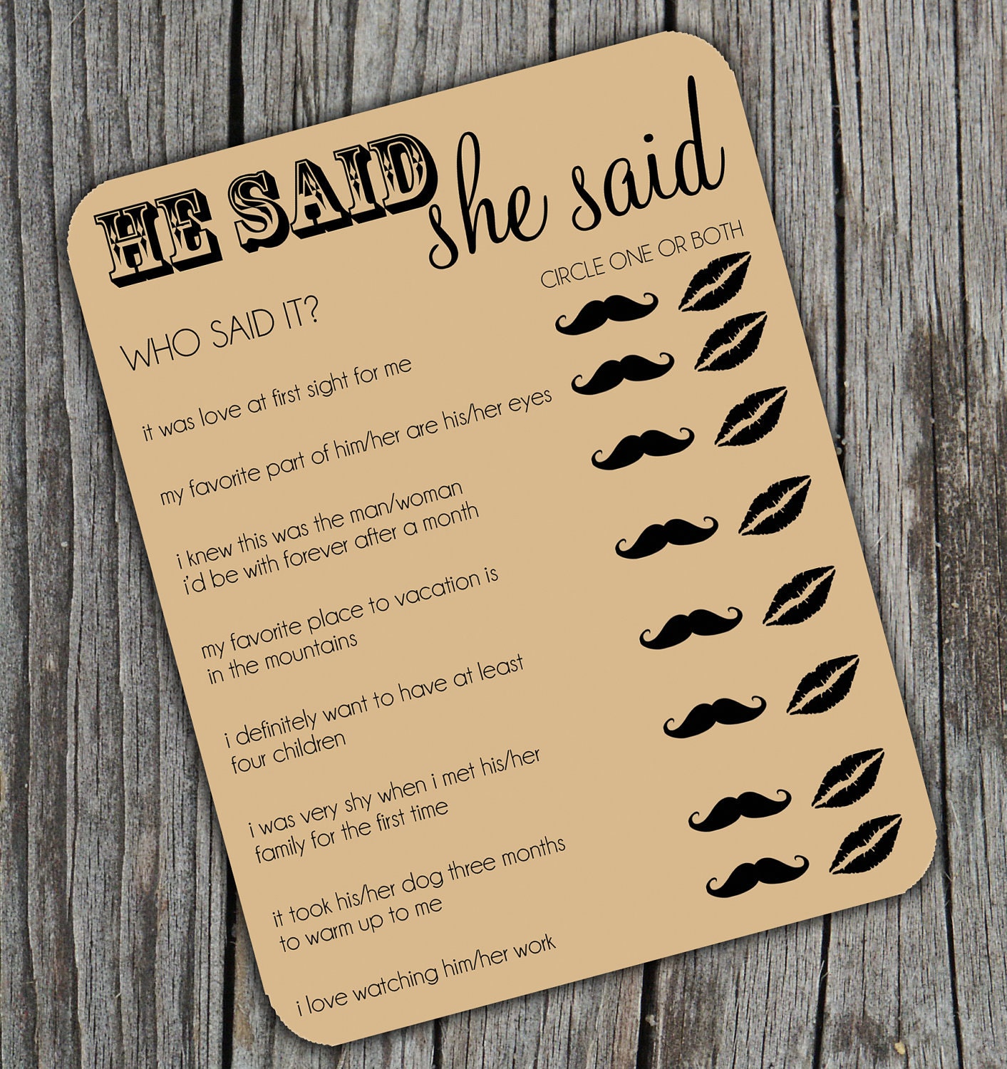 He Said She Said Bridal Shower Activity Game on Kraft Brown Paper Set of 24