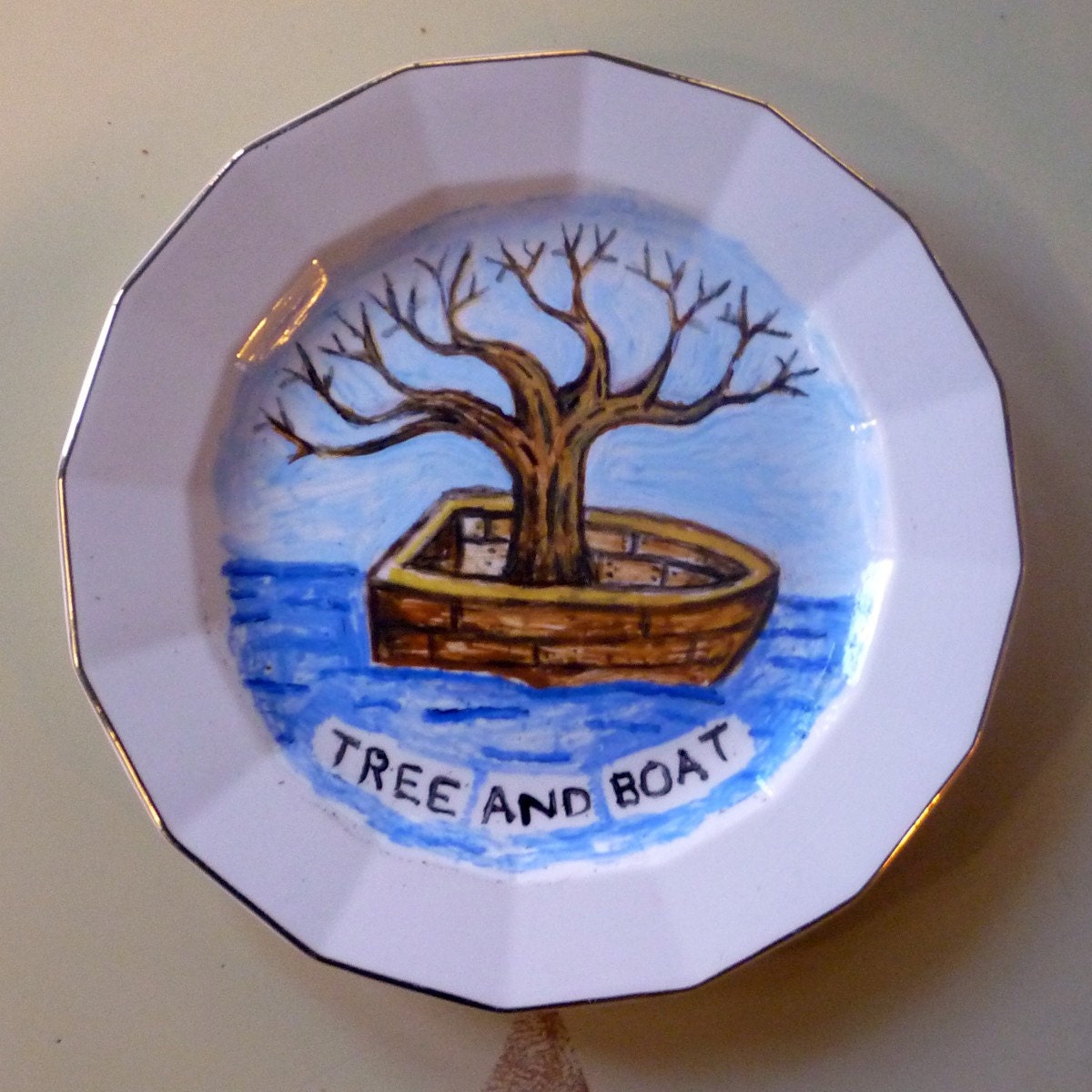 tree and boat china plate hand painted reworked