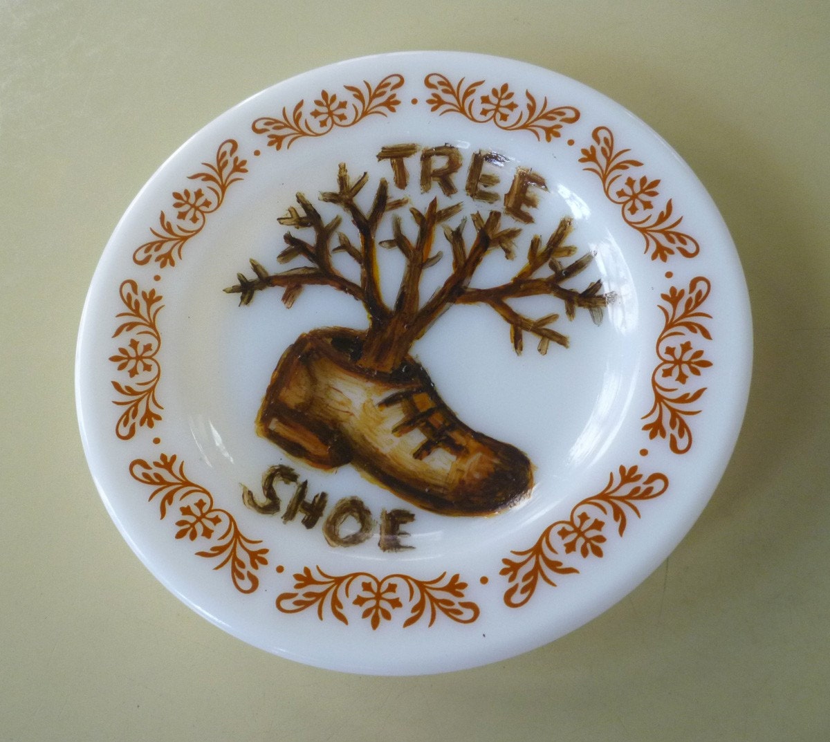 SALE tree and shoe hand painted milk glass plate